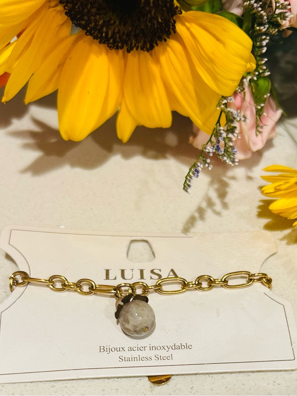 Gold Stainless Steel Chain Bracelet with Gray Stone Charm
